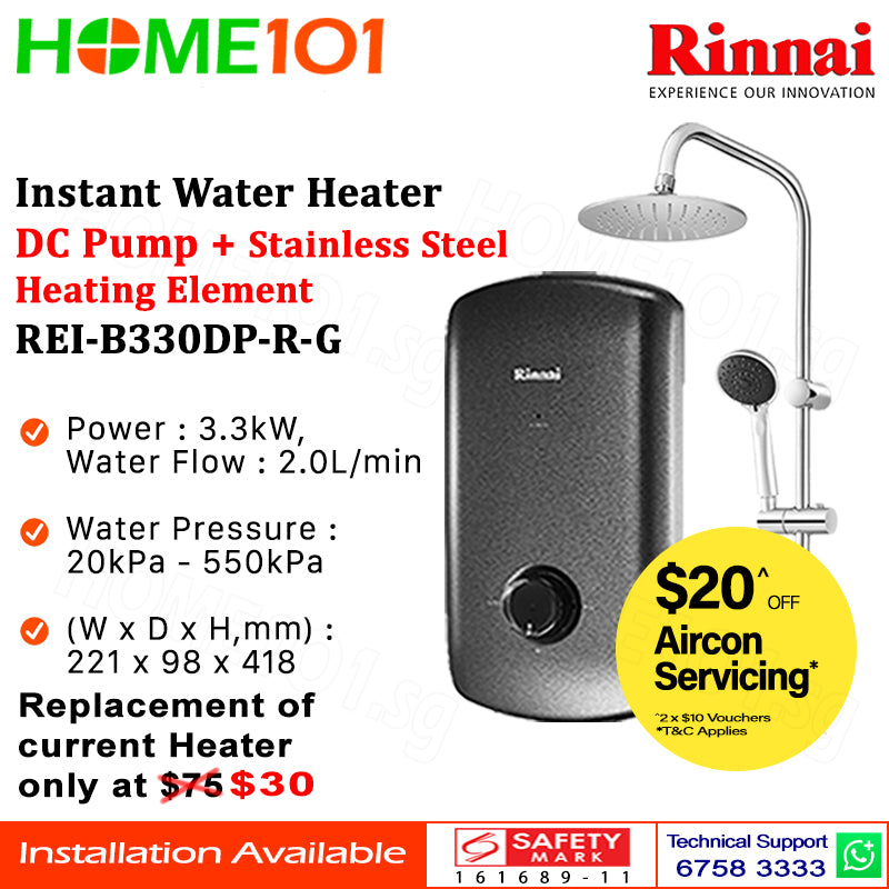 Rinnai Electric Instant Water Heater With DC Pump and Rain Shower Crystal Series