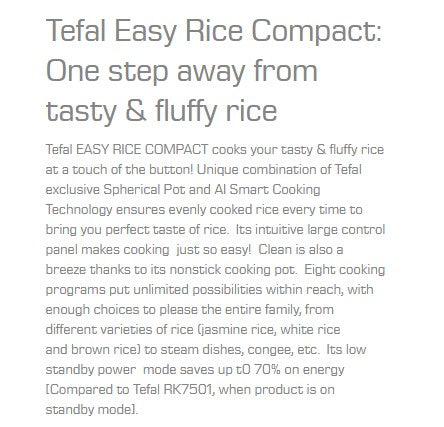 Tefal Easy Compact Rice Cooker 1.0L RK7301