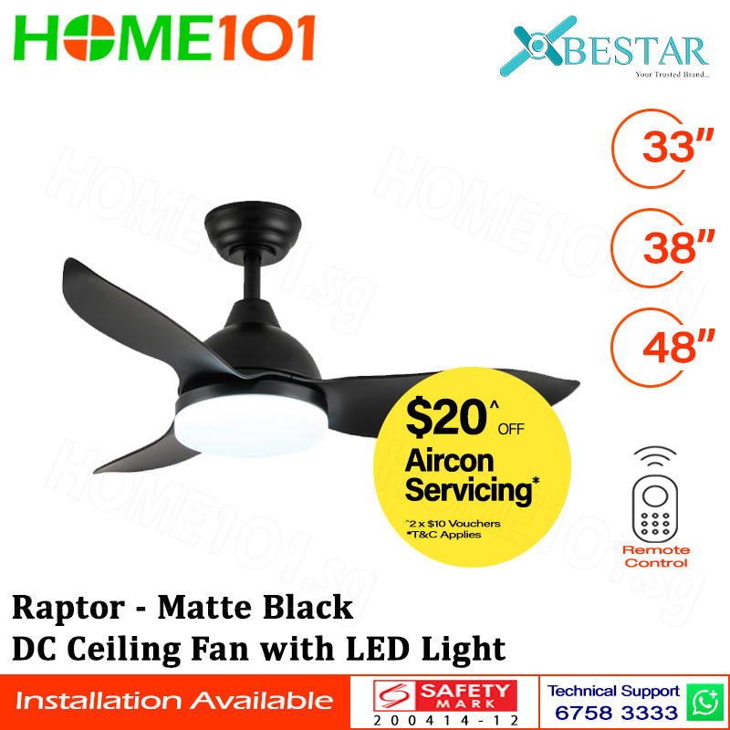 ($1 REPLACEMENT) Bestar DC Motor Ceiling Fan with Remote Control & Light 33”/38"/48" Raptor