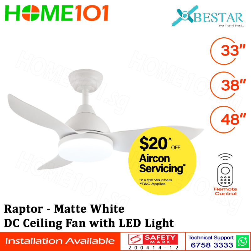 ($1 REPLACEMENT) Bestar DC Motor Ceiling Fan with Remote Control & Light 33”/38"/48" Raptor