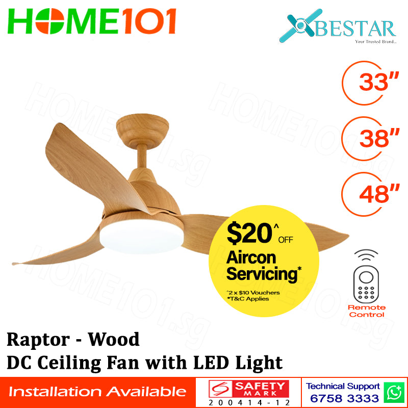 ($1 REPLACEMENT) Bestar DC Motor Ceiling Fan with Remote Control & Light 33”/38"/48" Raptor