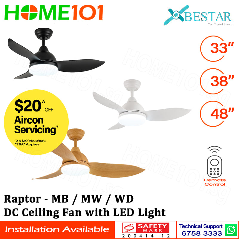 ($1 REPLACEMENT) Bestar DC Motor Ceiling Fan with Remote Control & Light 33”/38"/48" Raptor