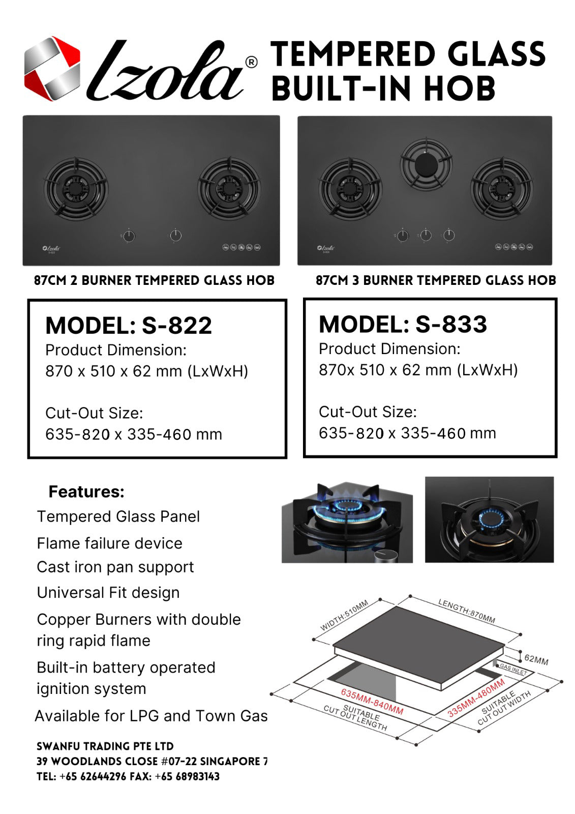 Izola Tempered Glass Built-In Hob 3 Burners S-833 - LPG / PUB - FREE INSTALLATION