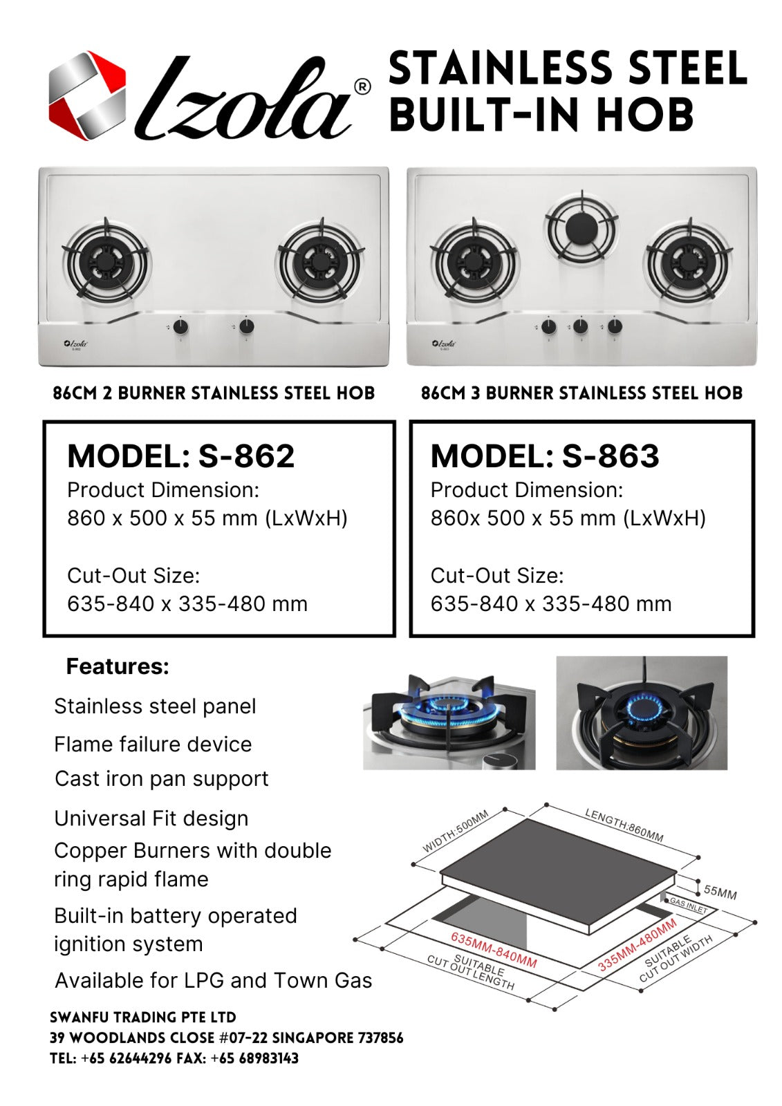 Izola Stainless Steel Built-In Hob 2 Burners S-862 - LPG / PUB - FREE INSTALLATION