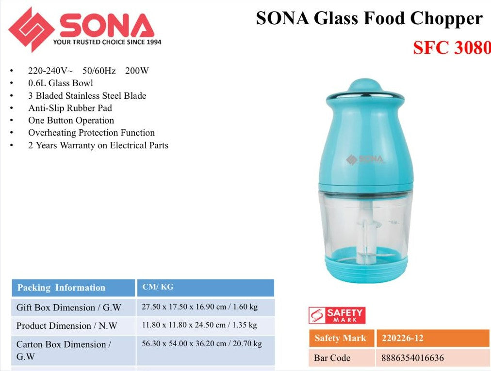 Sona Glass Food Chopper 200W SFC 3080