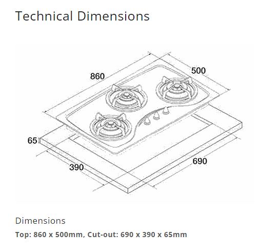 Tecno Stainless Steel Cooker Hob 3 Burners SR838SV - LPG / PUB - FREE INSTALLATION