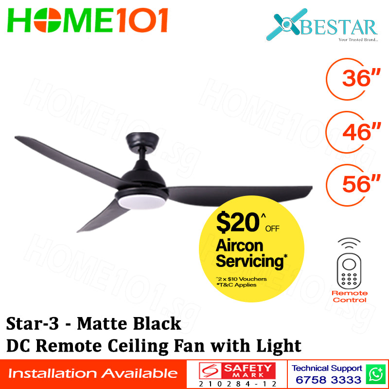 ($1 REPLACEMENT) Bestar DC Motor Ceiling Fan with Remote Control & Light 36”/46”/56” Star-3