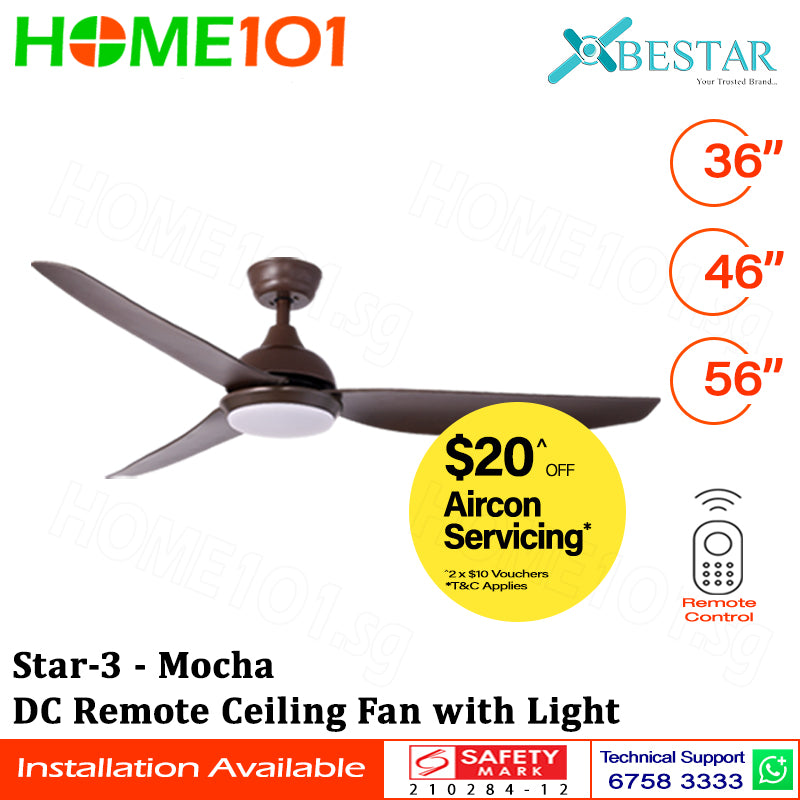 ($1 REPLACEMENT) Bestar DC Motor Ceiling Fan with Remote Control & Light 36”/46”/56” Star-3