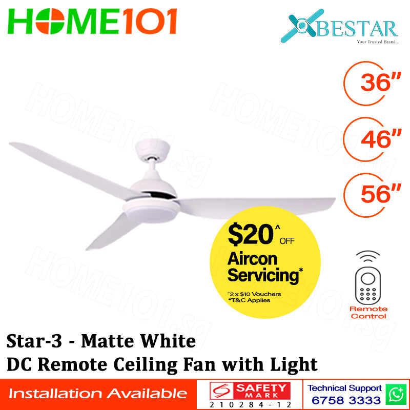 ($1 REPLACEMENT) Bestar DC Motor Ceiling Fan with Remote Control & Light 36”/46”/56” Star-3