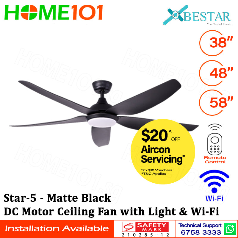 ($1 REPLACEMENT) Bestar DC Motor Ceiling Fan with Remote Control, Light & WiFi 38”/48”/58” Star-5