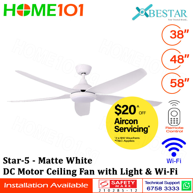 ($1 REPLACEMENT) Bestar DC Motor Ceiling Fan with Remote Control, Light & WiFi 38”/48”/58” Star-5