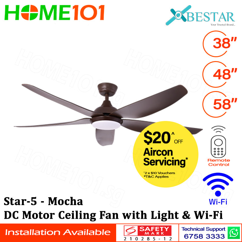 ($1 REPLACEMENT) Bestar DC Motor Ceiling Fan with Remote Control, Light & WiFi 38”/48”/58” Star-5