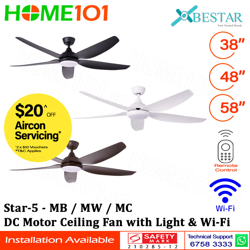 ($1 REPLACEMENT) Bestar DC Motor Ceiling Fan with Remote Control, Light & WiFi 38”/48”/58” Star-5
