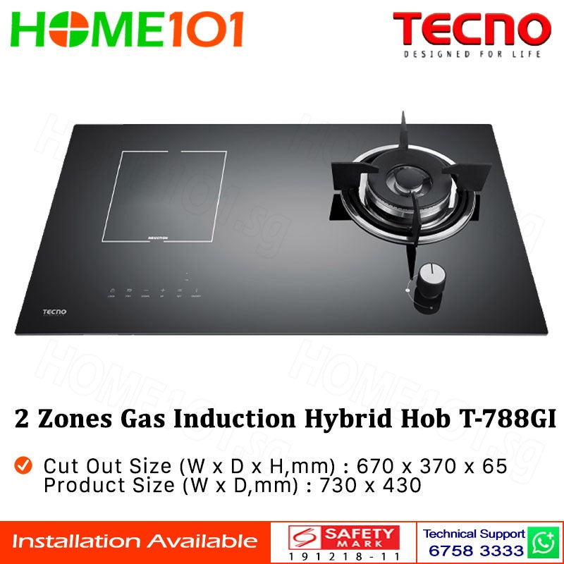 Tecno Gas Induction Hybrid Glass Hob 1 Burner and 1 Zone T-788GI - LPG / PUB - FREE INSTALLATION