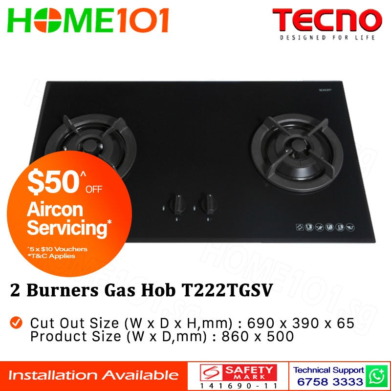 Tecno Tempered Glass Cooker Hob 2 Burners T222TGSV - LPG / PUB - FREE INSTALLATION