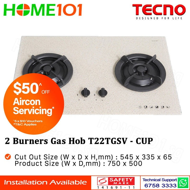 Tecno Glass Cooker Hob 2 Burners T22TGSV - LPG / PUB - FREE INSTALLATION