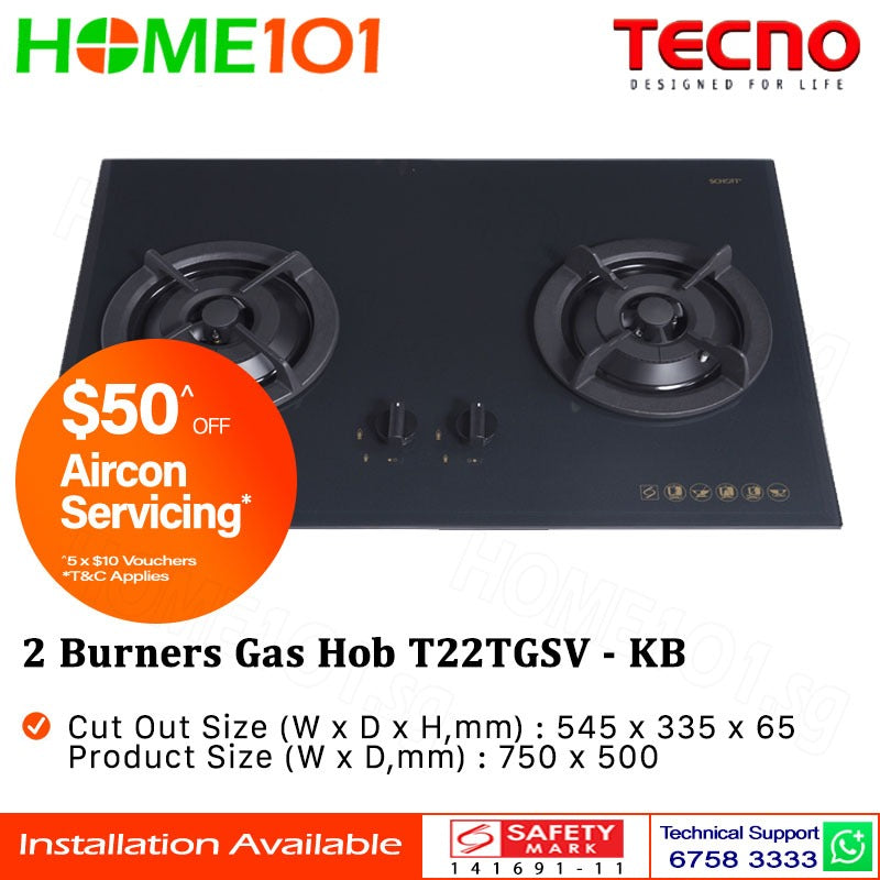 Tecno Glass Cooker Hob 2 Burners T22TGSV - LPG / PUB - FREE INSTALLATION