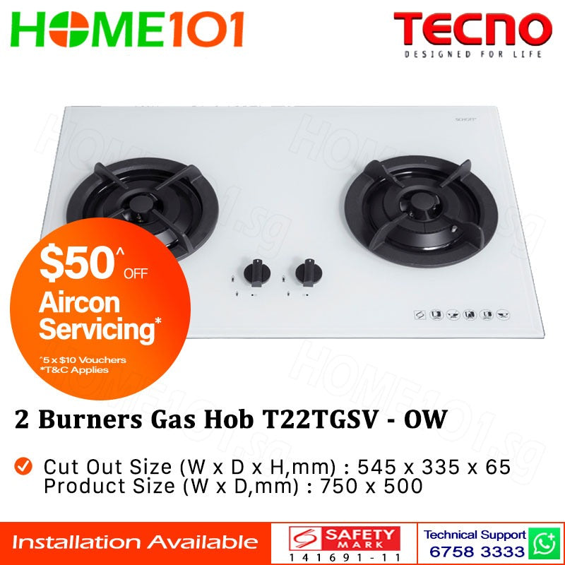 Tecno Glass Cooker Hob 2 Burners T22TGSV - LPG / PUB - FREE INSTALLATION