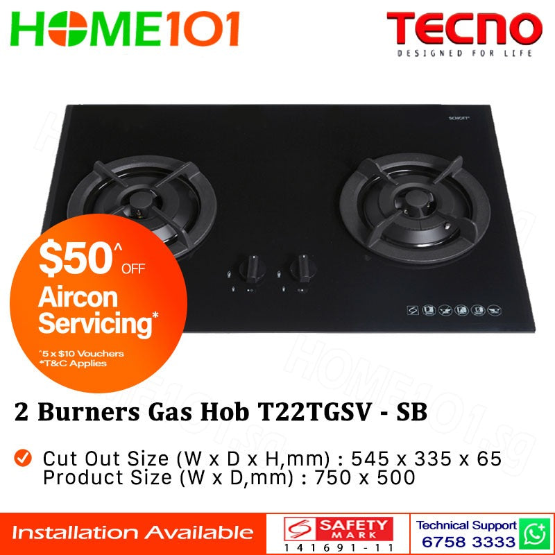 Tecno Glass Cooker Hob 2 Burners T22TGSV - LPG / PUB - FREE INSTALLATION