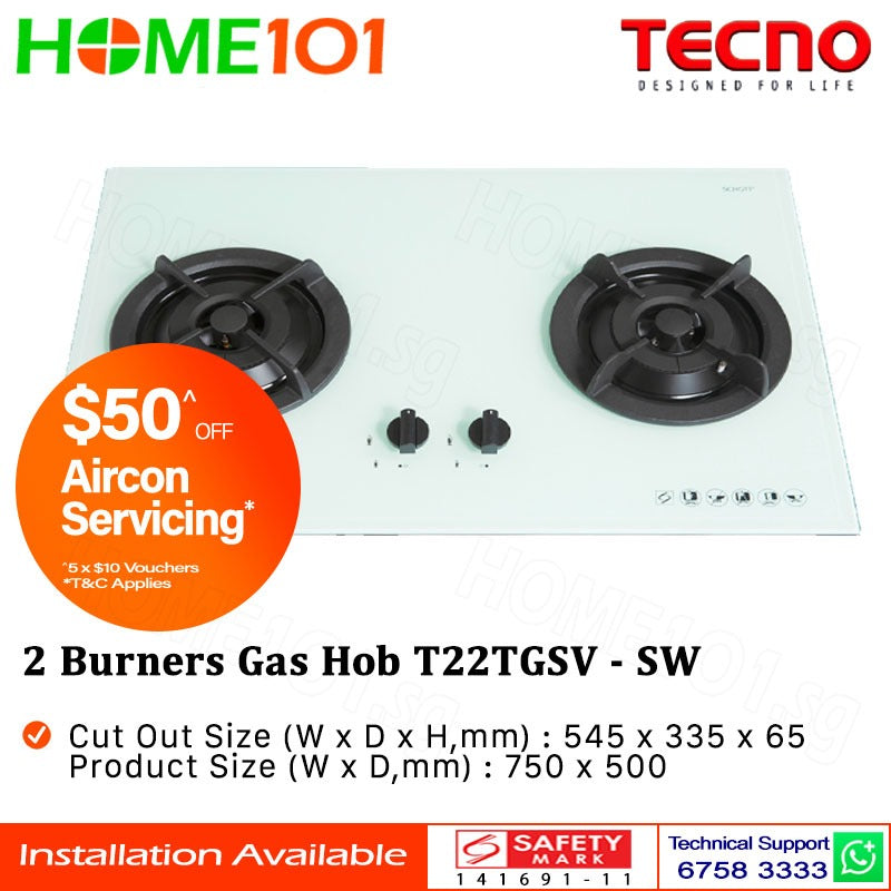 Tecno Glass Cooker Hob 2 Burners T22TGSV - LPG / PUB - FREE INSTALLATION