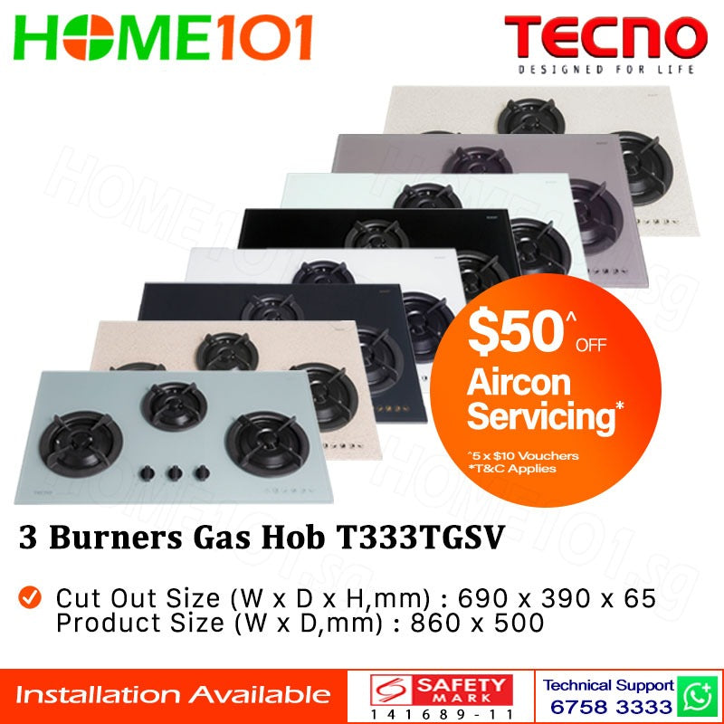 Tecno Tempered Glass Cooker Hob 3 Burners T333TGSV LPG/PUB - FREE INSTALLATION