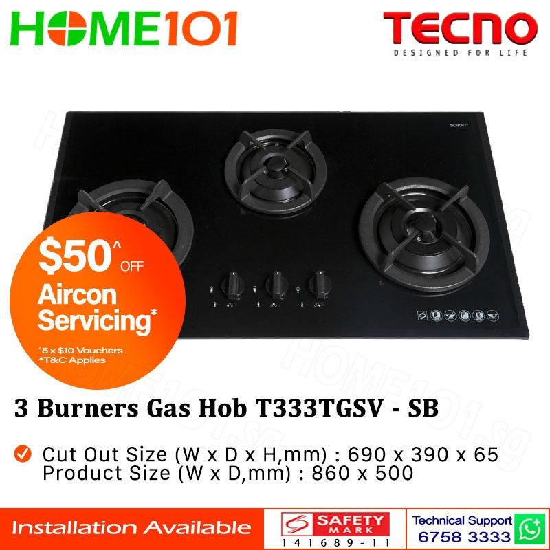Tecno Tempered Glass Cooker Hob 3 Burners T333TGSV LPG/PUB - FREE INSTALLATION