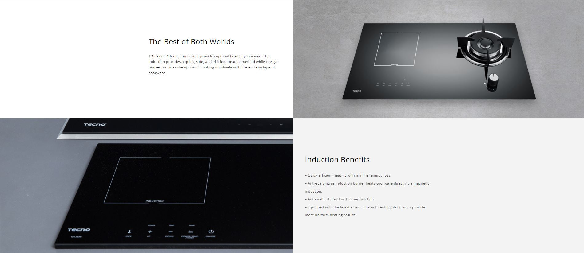 Tecno Gas Induction Hybrid Glass Hob 1 Burner and 1 Zone T-788GI - LPG / PUB - FREE INSTALLATION