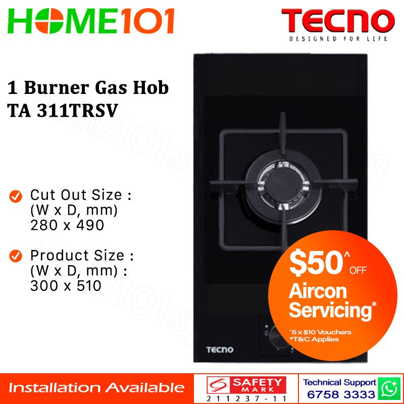 Tecno Tempered Glass Cooker Hob 1 Burner TA 311TRSV || TA311TRSV - LPG / PUB - FREE INSTALLATION