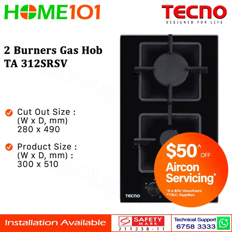 Tecno Tempered Glass Cooker Hob 2 Burners TA 312SRSV || TA312SRSV - LPG / PUB - FREE INSTALLATION
