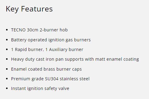 Tecno Stainless Steel Domino Cooker Hob 2 Burners TA 322TRSV - LPG / PUB - FREE INSTALLATION