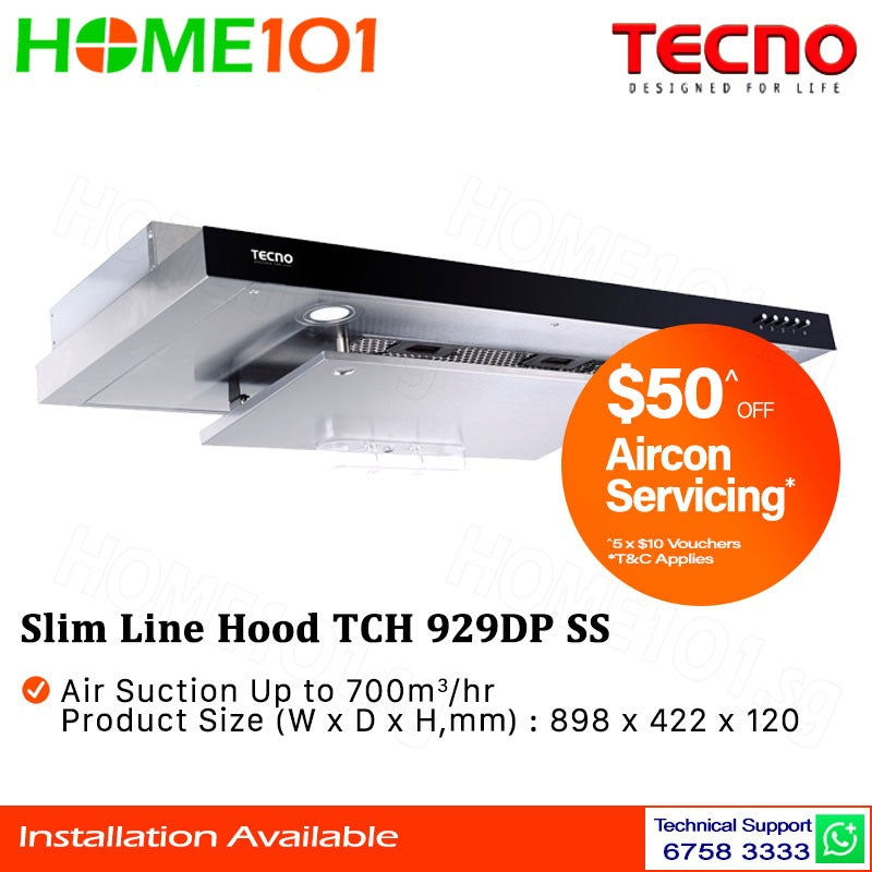 Tecno Slimline Hood with Dyna-X Motor 90cm TCH 929DP - Stainless Steel