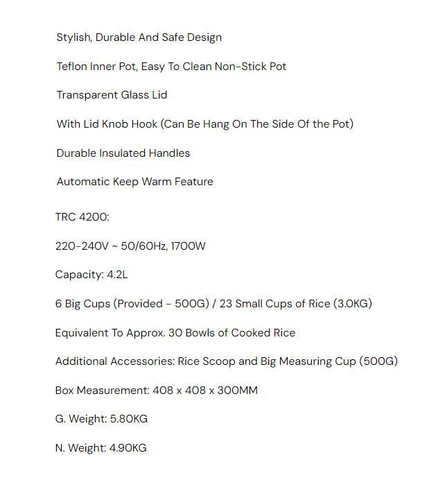 Toyomi Commercial Rice Cooker 4.2L TRC 4200