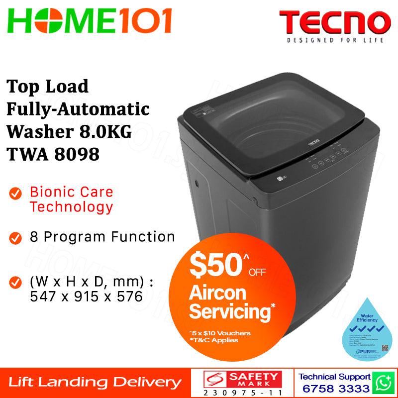 Tecno Top Load Fully Automatic Washer 8.0KG TWA 8098