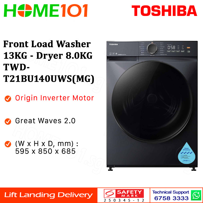 Toshiba Front Load Washer 13KG - Dryer 8.0KG TWD-T21BU140UWS(MG)