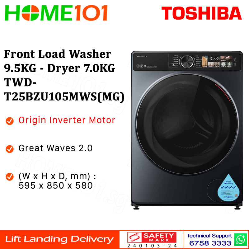 Toshiba Front Load Washer 9.5KG - Dryer 7.0KG TWD-T25BZU105MWS(MG)
