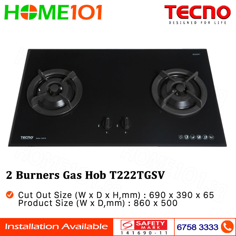 Tecno Tempered Glass Cooker Hob 2 Burners T222TGSV - LPG / PUB - FREE INSTALLATION