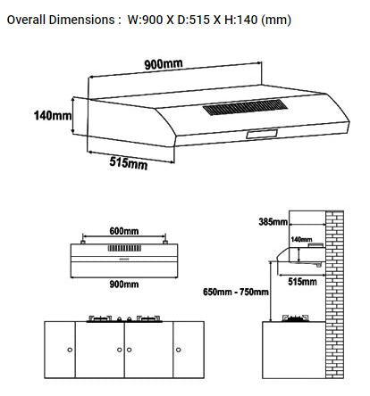 Valenti Slim Line Cooker Hood 90cm VH3129TS