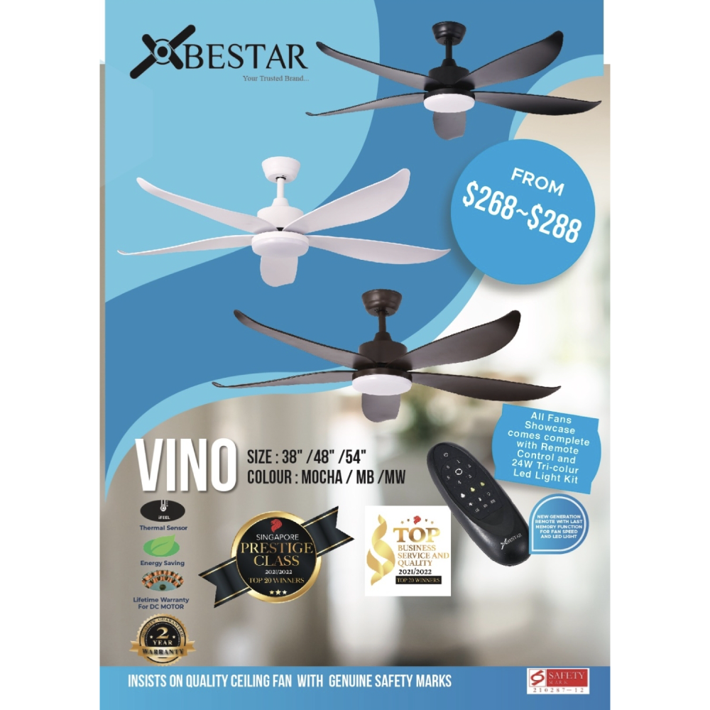 ($1 REPLACEMENT) Bestar DC Motor Ceiling Fan with Remote Control & Light 38”/48”/54” Vino