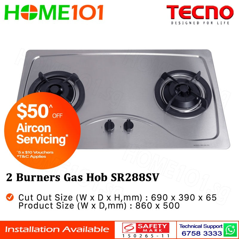 Tecno Stainless Steel Cooker Hob 2 Burners SR288SV - LPG / PUB - FREE INSTALLATION